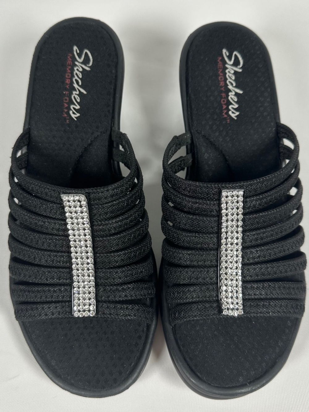 Sketchers Cali Rumblers-Hot Shot Rhinestone Wedge Slide Sandals Size 10 Black